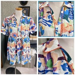 NWOT Jodifl Tropical Whimsical Coastal Boho Babydoll Short Sleeve Dress Sz M